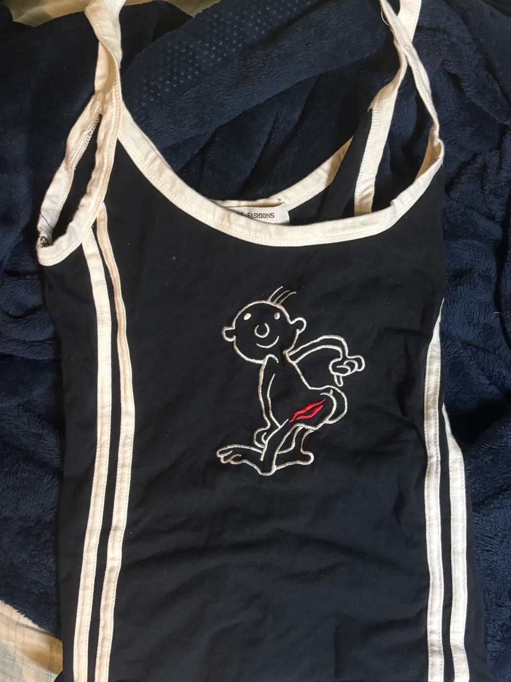 Y2K Black Tank with White Trim and Playful Embroidered Graphic